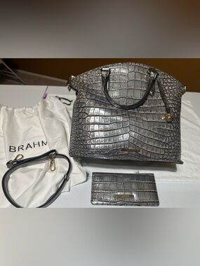 Brahmin Metallic Croco-Embossed Satchel - Silver